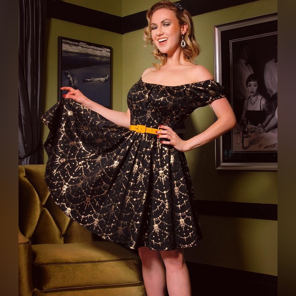 Pinup Couture Black and Silver Gold Foil Spiderweb Fit and Flare Cocktail